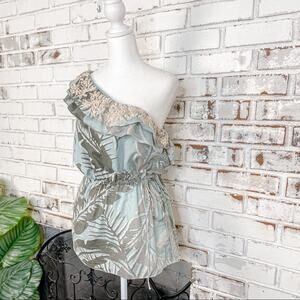 Banana Republic One Shoulder Floral Embroidered Ruffle Cotton Top size Small